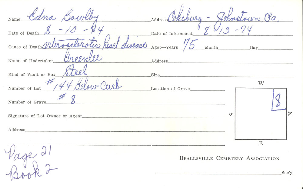 Edna Bowlby burial card